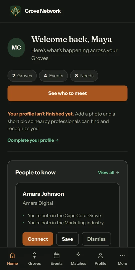 Grove Network home dashboard showing open Needs, upcoming events, and people to know
