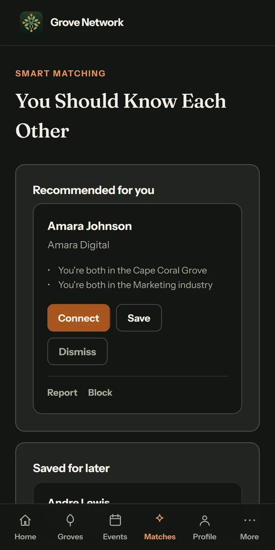 Grove Network matches screen showing recommended members to connect with