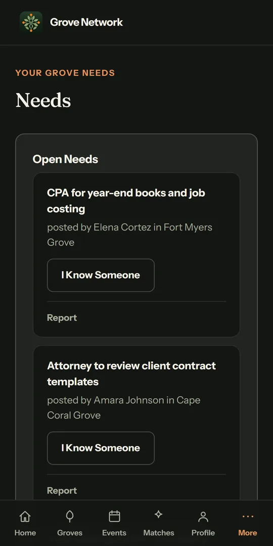 Grove Network Needs screen showing member requests for referrals