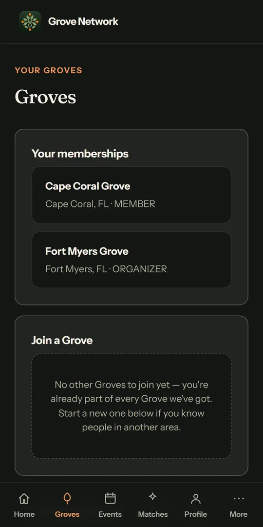 Grove Network Groves screen showing chapters a member can join