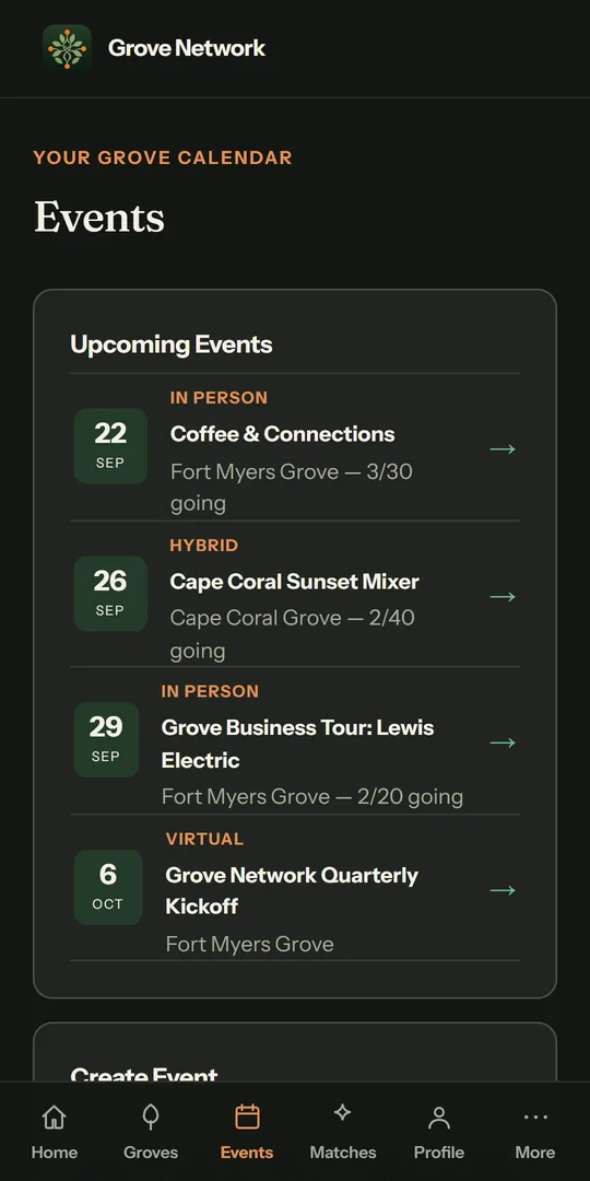 Grove Network events screen showing upcoming chapter meetups to RSVP to